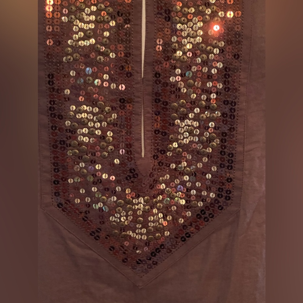 Cotton Dark Brown Poncho w/ Copper and Gold Sequin Neck and Sleeve Cuffs: Sz 1 - Picture 11 of 11